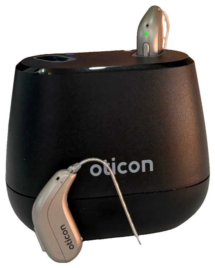 Oticon şarj kutusu ve şarj edilebilir işitme cihazı